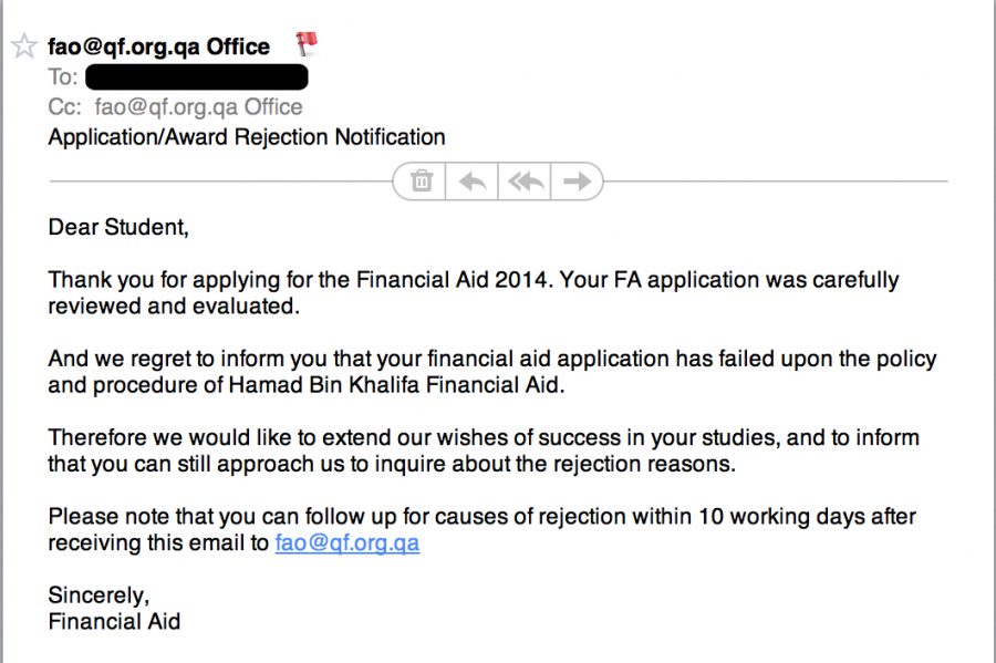 Screenshot of a rejection email from HBKU Financial Aid Office