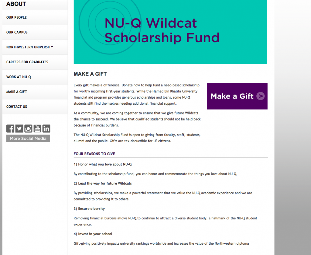 Screenshot of the NU-Q Wildcat Scholarship Fund on NU-Q Website