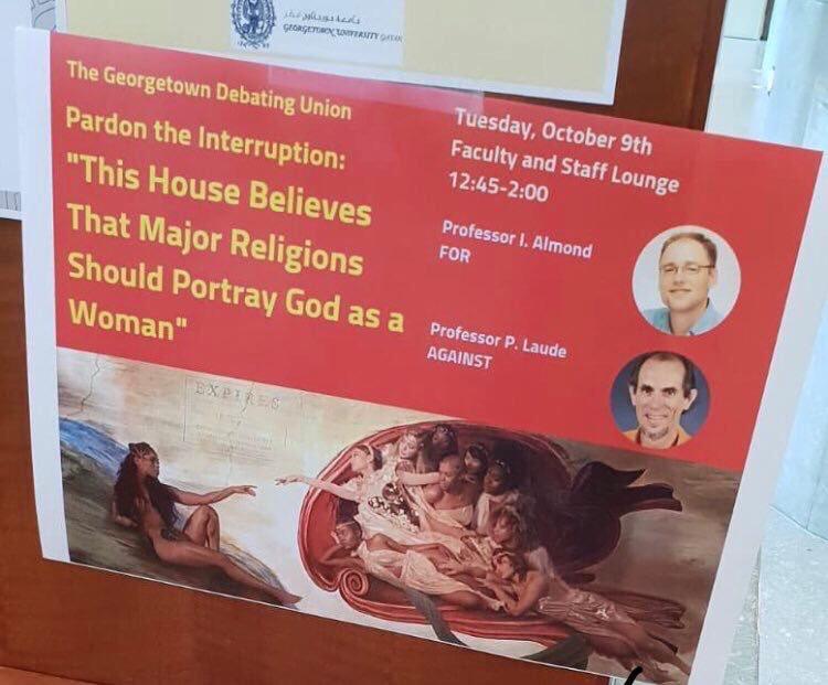 The flyer advertising the debate was posted around Georgetown University in Qatar and eventually on social media. Screenshot from Twitter.