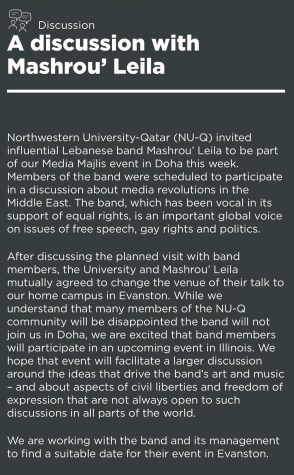 A screenshot of the Media Majlis official statement on relocating the Mashrou Leila event to the Evanston campus. 
