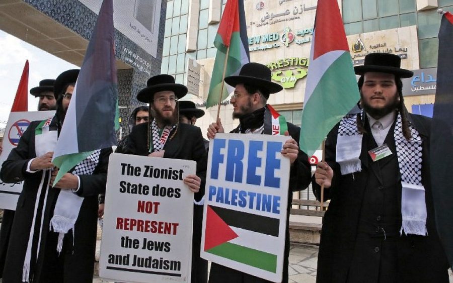 Ultra-Orthodox Jewish men, belonging to the anti-Zionist group Neturei Karta, hold placards during a protest.  (Photo/ AFP)